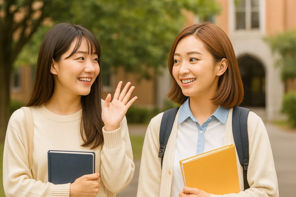札幌の大学構内で笑顔で会話する2人の女子学生。チャットレディの高収入バイトについて話しているイメージ。