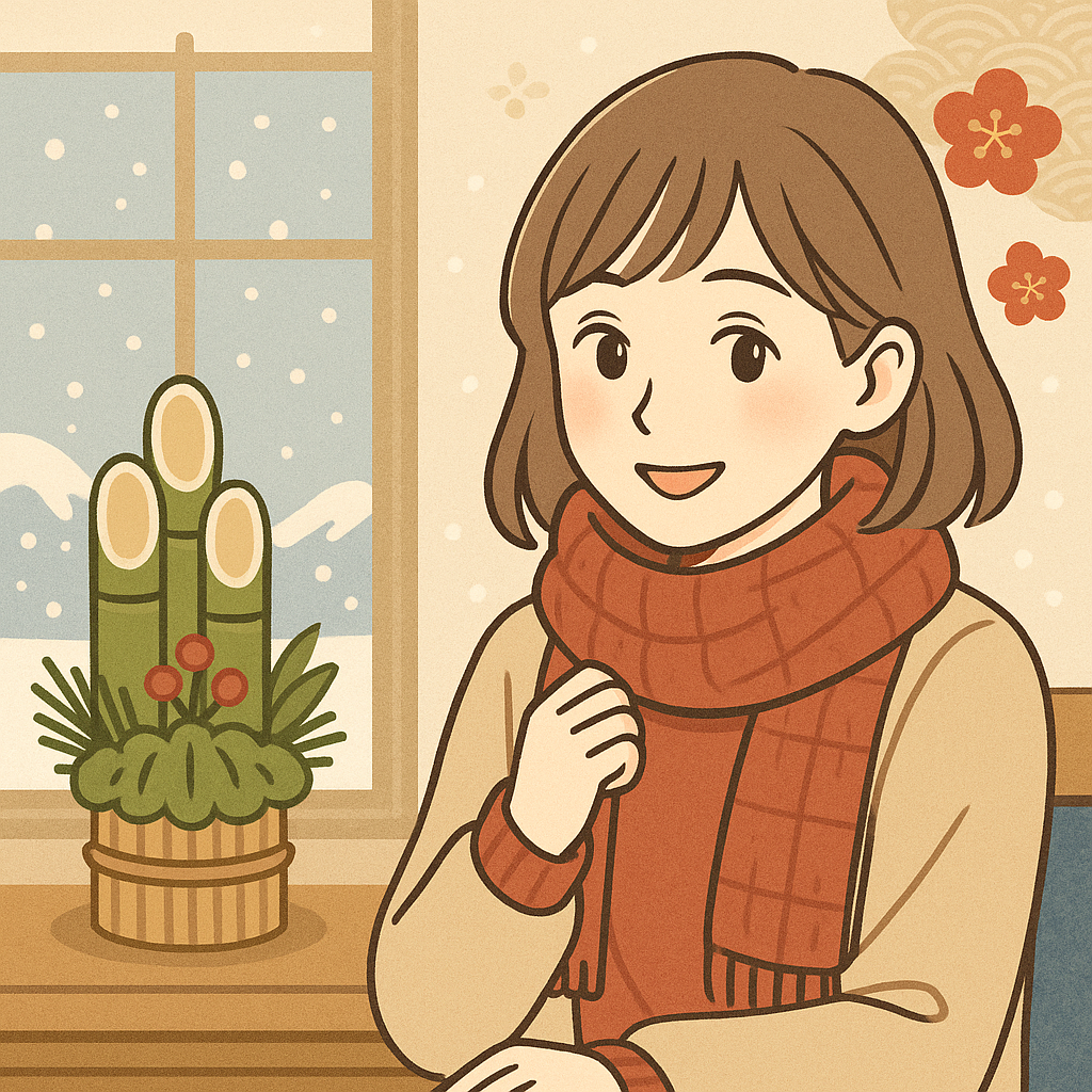 年末年始の札幌で在宅で働くチャットレディをイメージした正月風イラスト