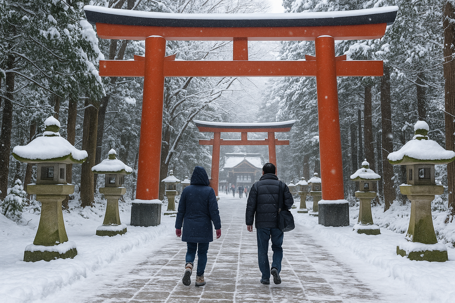 冬の札幌で雪が積もる神社の参道を歩く初詣客の様子