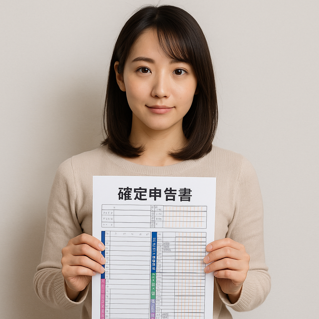 確定申告の書類を手に持ち、内容を確認している女性の様子