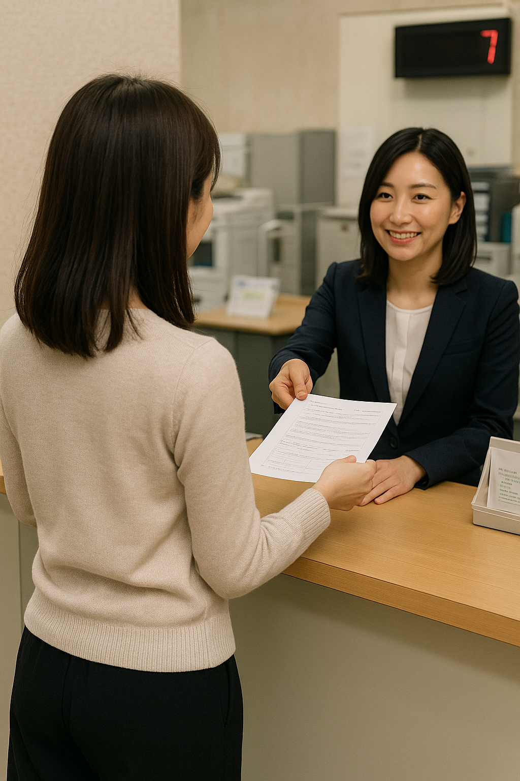 カウンターで書類を提出している女性の後ろ姿