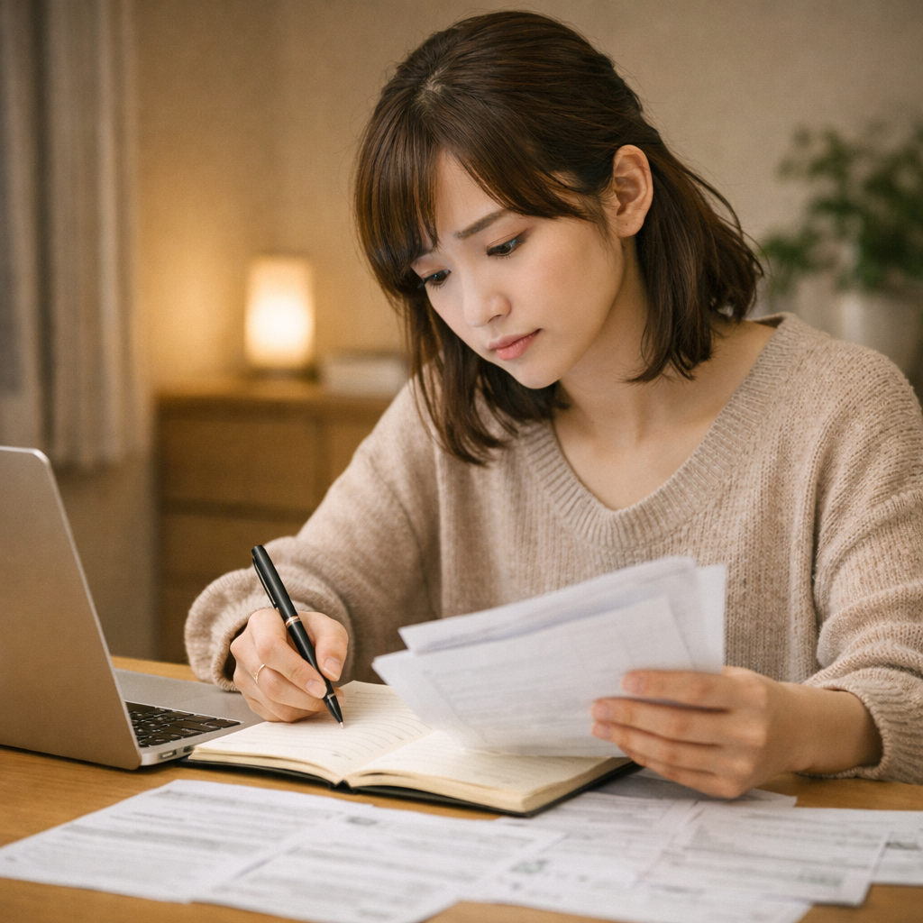 書類を読みながらノートにメモを取り、勉強している女性の様子