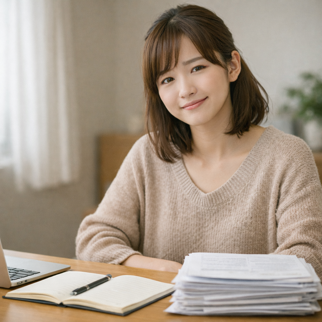 整理された書類のそばで、安心した表情を浮かべる女性の様子