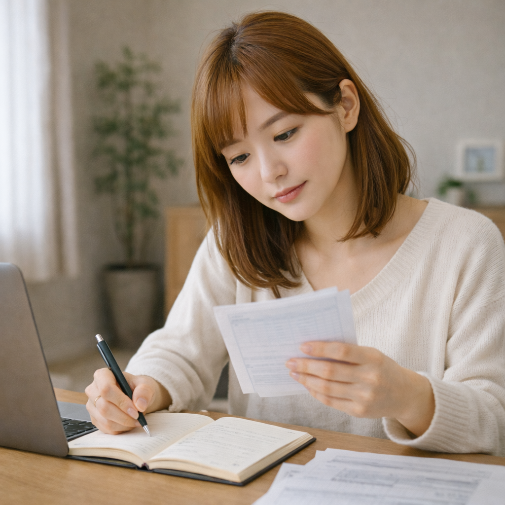 書類を見ながらノートにメモを取り、税金の仕組みを確認している若い女性