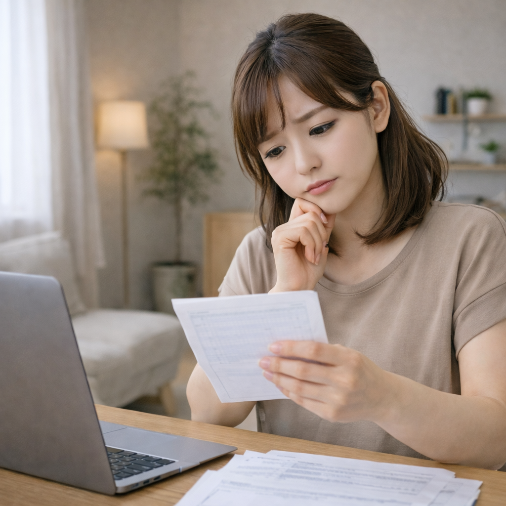 書類を見ながら副業がバレないか不安に感じている女性