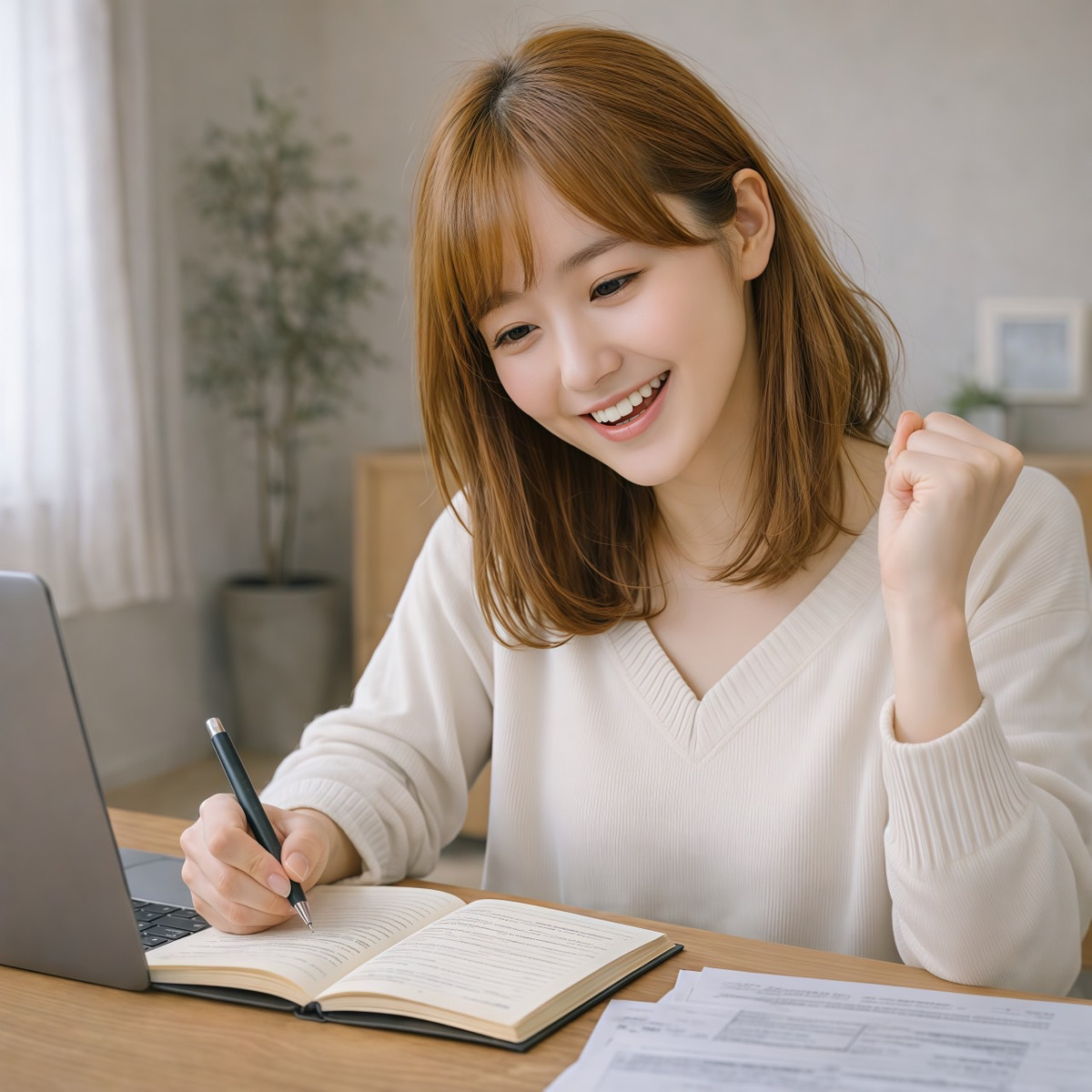 書類を確認し終え、安心した表情で前向きに微笑む若い女性