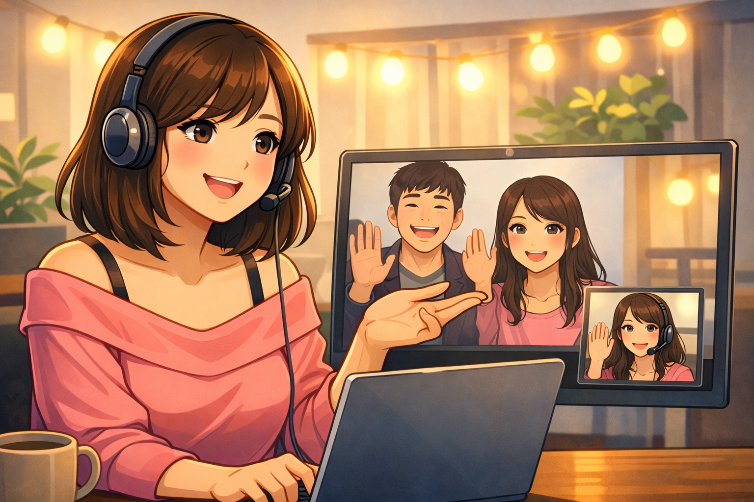 札幌でチャットレディがパーティーチャットで複数人と楽しく会話しているイメージ