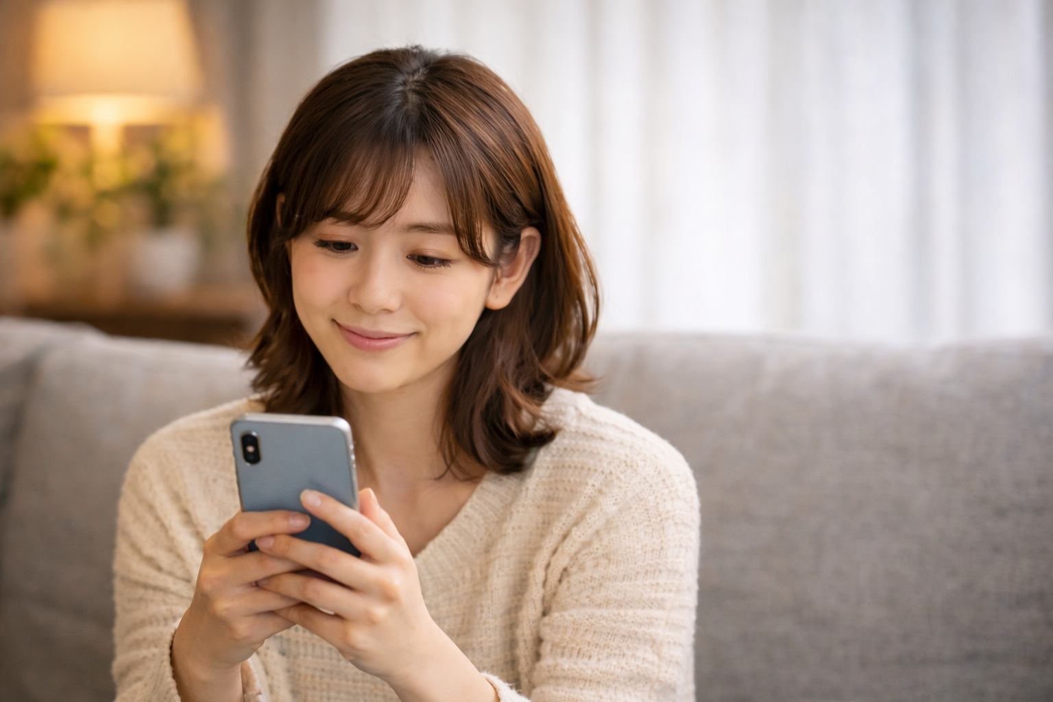 札幌でチャットレディの仕事を調べながらスマホを見る女性