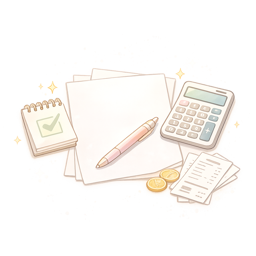 確定申告や税金の準備をイメージした電卓と書類のイラスト