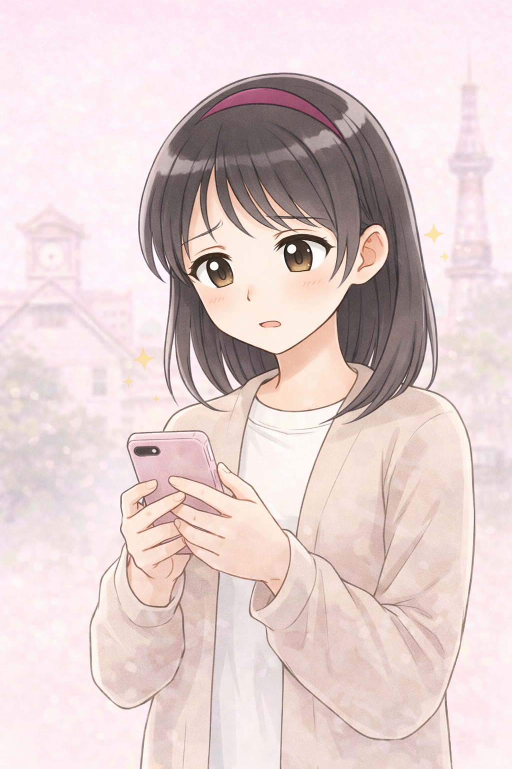 札幌でチャットレディを始める前に身バレが不安でスマホを見つめる若い女性のイラスト