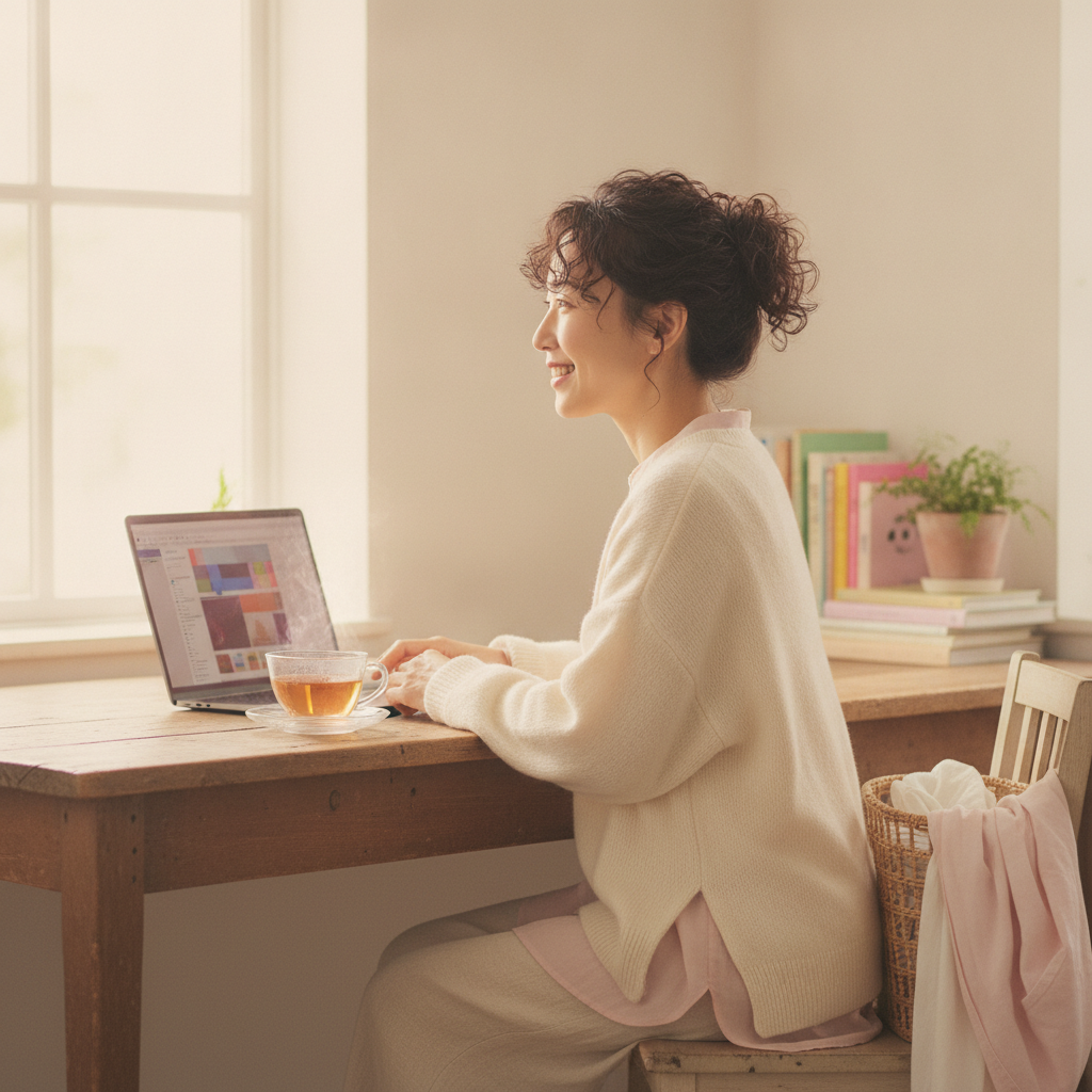 主婦のすき間時間で稼げるチャットレディ 家事の合間のすき間時間にチャットレディとして働く主婦のイメージ|札幌リーブルチャット