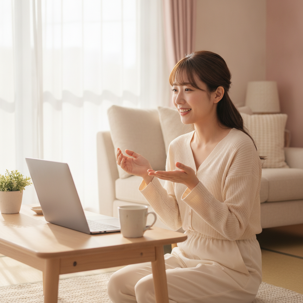 チャットレディの会話のコツ 会話を広げながら楽しそうに話すチャットレディの女性のイメージ|札幌リーブルチャット
