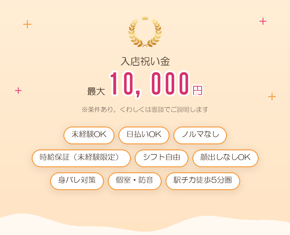 入店祝い金 最大10,000円（※条件あり・詳しくは面談で）。待遇：未経験OK・日払いOK・ノルマなし・時給保証（未経験限定）・シフト自由・顔出しなしOK・身バレ対策・個室防音・駅チカ徒歩5分圏