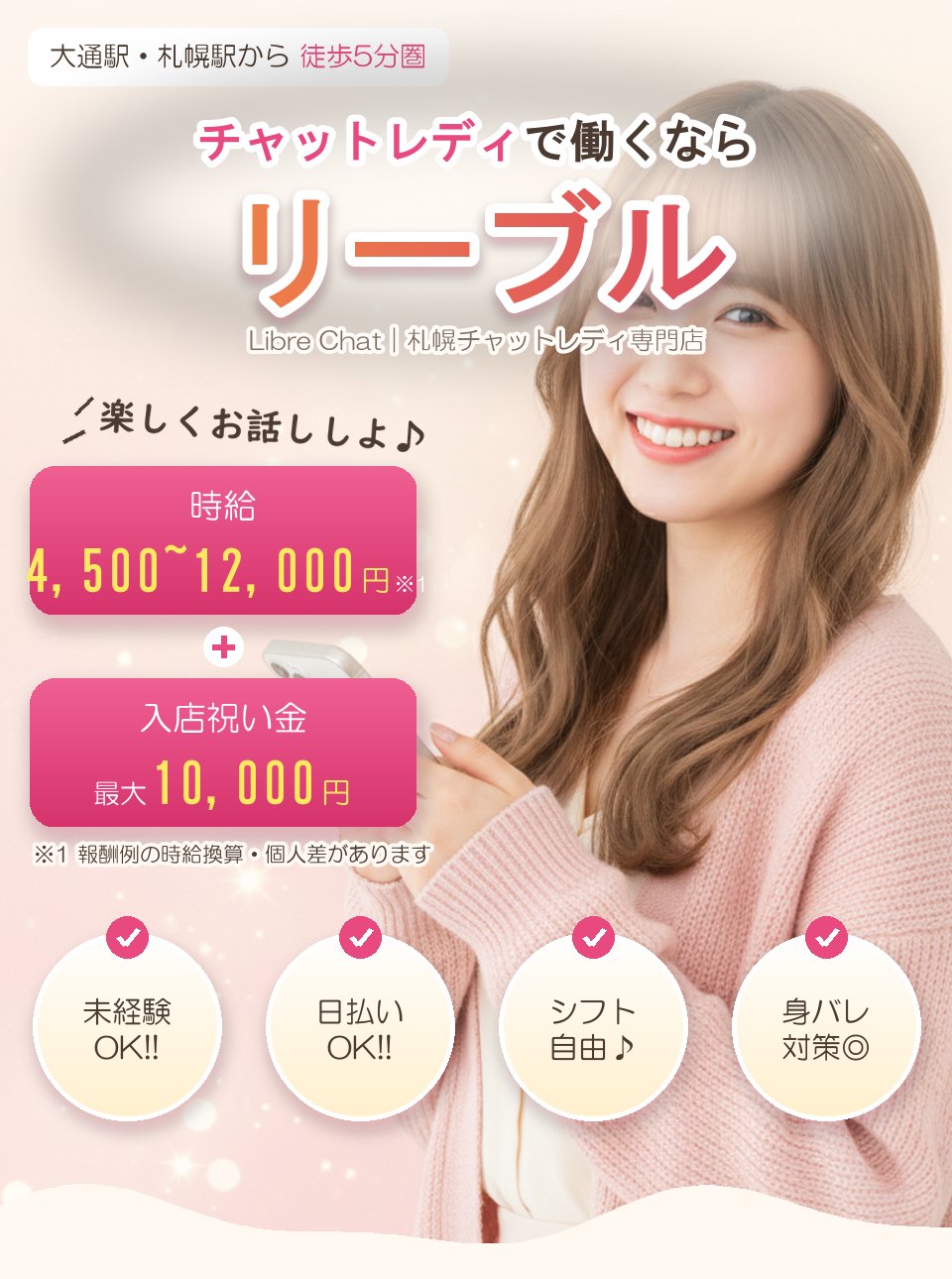 リーブル在籍チャットレディの報酬実績 時給4,500円〜12,000円（※個人差があります）未経験で高収入・日払いOK・顔出しなしOK・入店祝い金最大10,000円（※条件あり）