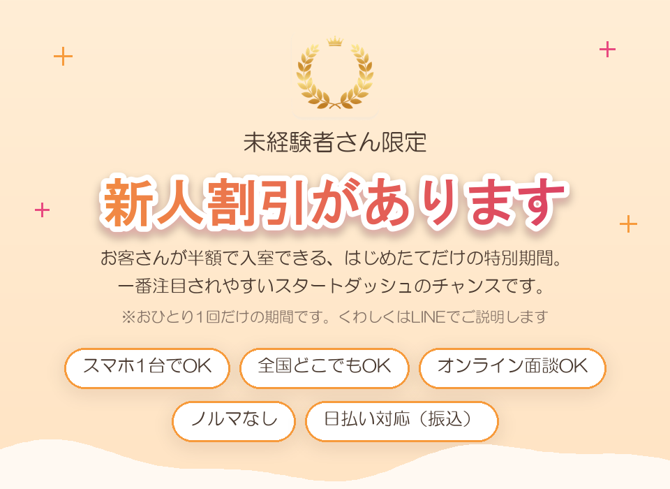 未経験者さん限定・新人割引があります。お客さんが半額で入室できる、はじめたてだけの特別期間。一番注目されやすいスタートダッシュのチャンス。※おひとり1回だけの期間、くわしくはLINEで。スマホ1台でOK・全国どこでもOK・オンライン面談OK・ノルマなし・日払い対応（振込）
