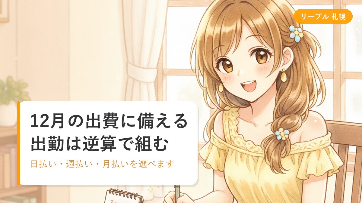 冬の明るい部屋で小さなカレンダーに予定を書き込みながらほほえむ女性のイラスト｜札幌リーブルチャット