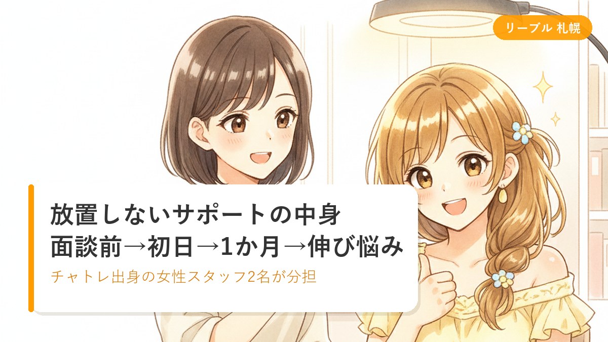 明るい個室で、女性スタッフにカメラの設定を教わりながら安心した笑顔で座る女性のイラスト｜札幌リーブルチャット