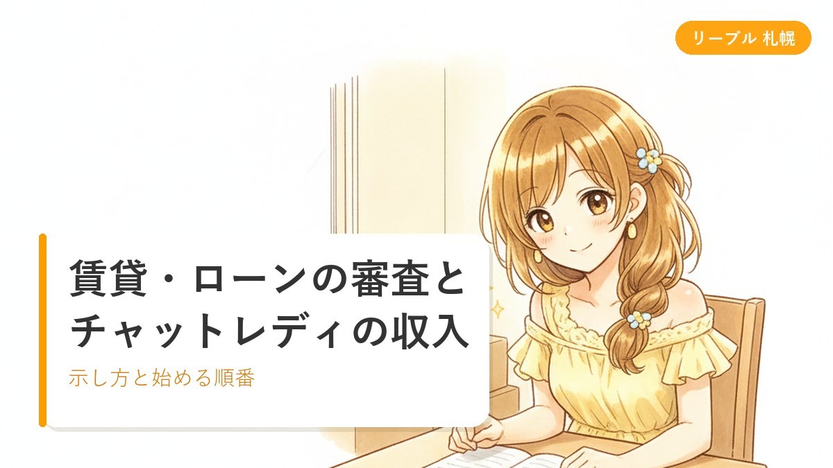 新生活の部屋で書類と通帳を見比べながら落ち着いて準備する女性のイラスト｜札幌リーブルチャット
