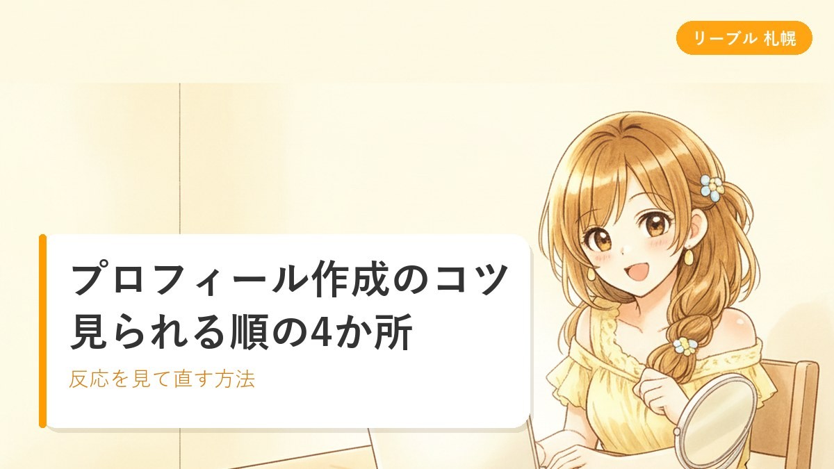 明るい部屋で鏡の前でやわらかく笑い、プロフィール写真を撮る準備をする女性のイラスト｜札幌リーブルチャット