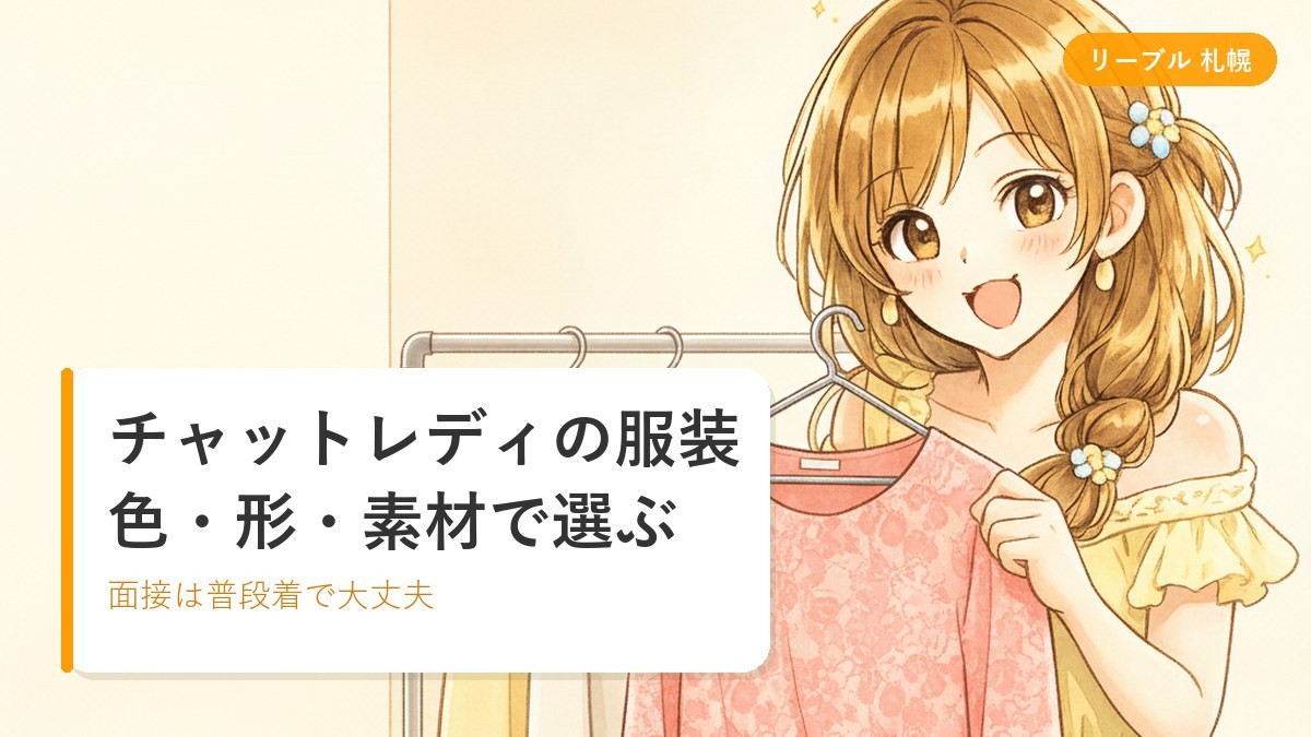 明るい部屋で淡い色のブラウスを体に当てて鏡の前で選ぶ女性のイラスト｜札幌リーブルチャット