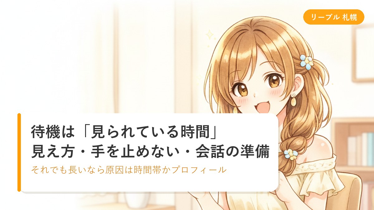 明るい個室でウェブカメラの前に座り、小さなメモ帳を見ながら穏やかに微笑む女性のイラスト|札幌リーブルチャット